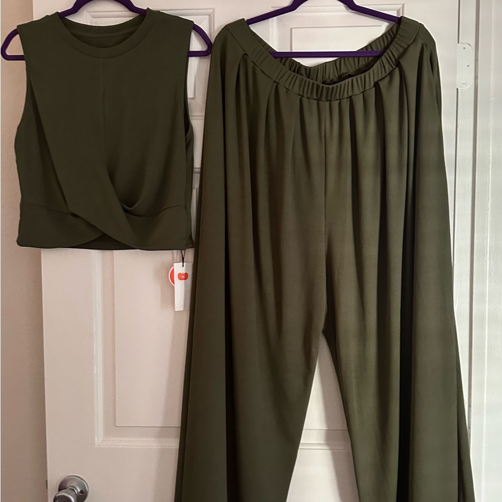Two piece olive green Cider wide leg pant set